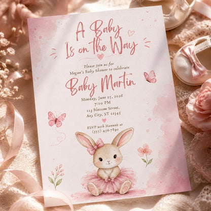 Pink Floral Bunny Baby Shower Invitation for Girls — digital invitation, instant download