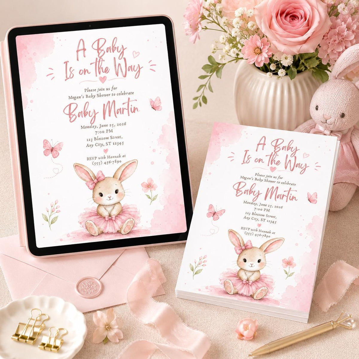 Pink Floral Bunny Baby Shower Invitation for Girls — baby shower stationery by VoltBy