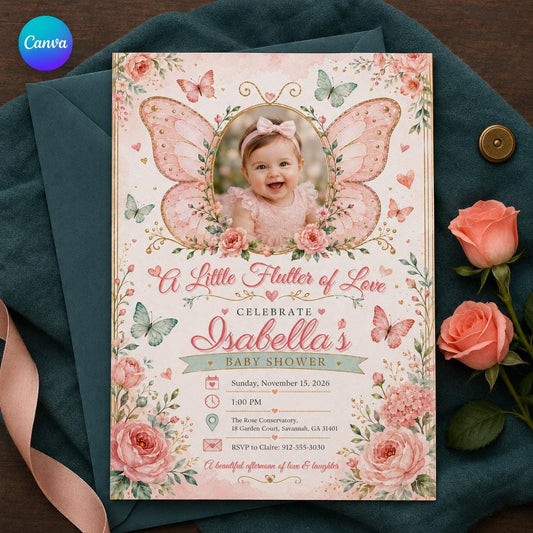Pink Floral Butterfly Baby Shower Invitation for Girls — editable Canva template