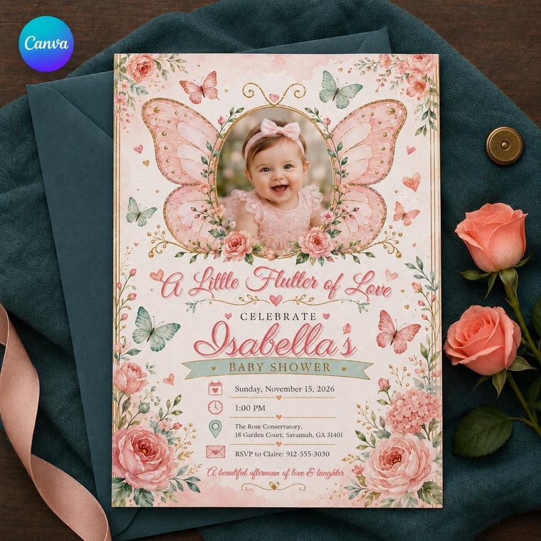 Pink Floral Butterfly Baby Shower Invitation for Girls