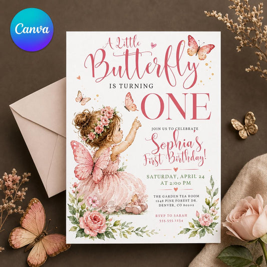 Pink Floral Butterfly First Birthday Invitation for Girls — editable Canva template