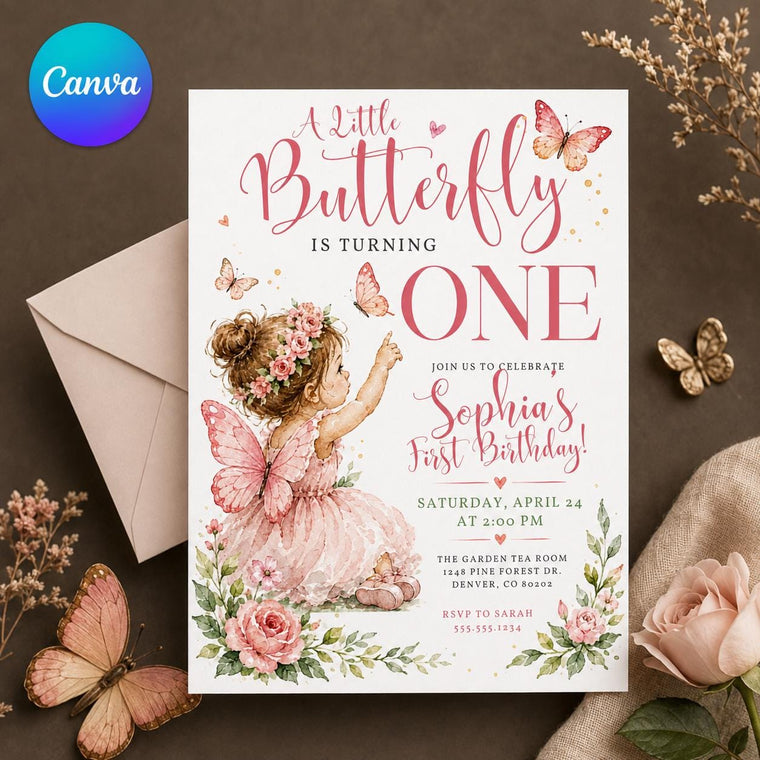 Pink Floral Butterfly First Birthday Invitation for Girls