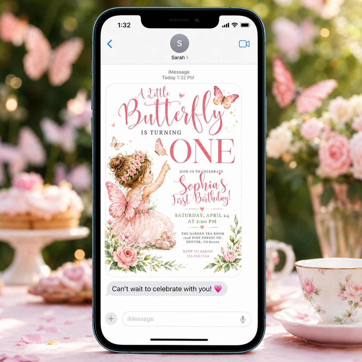 Pink Floral Butterfly First Birthday Invitation for Girls — fairy design