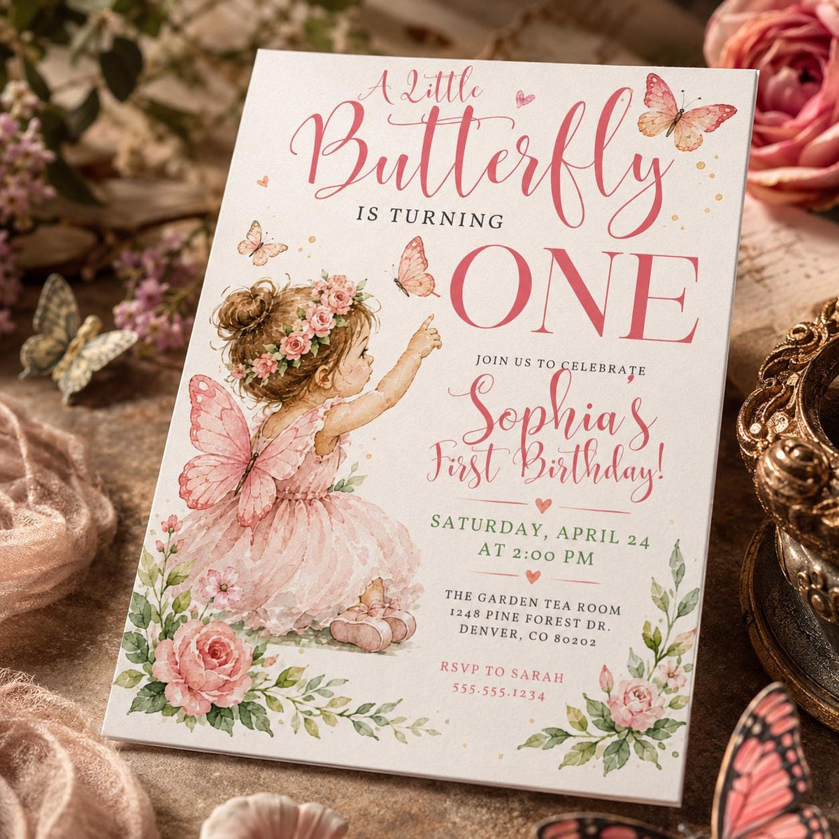 Pink Floral Butterfly First Birthday Invitation for Girls — digital invitation, instant download