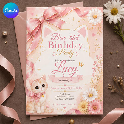 Pink Floral Cat 5th Birthday Invitation for Girls — editable Canva template
