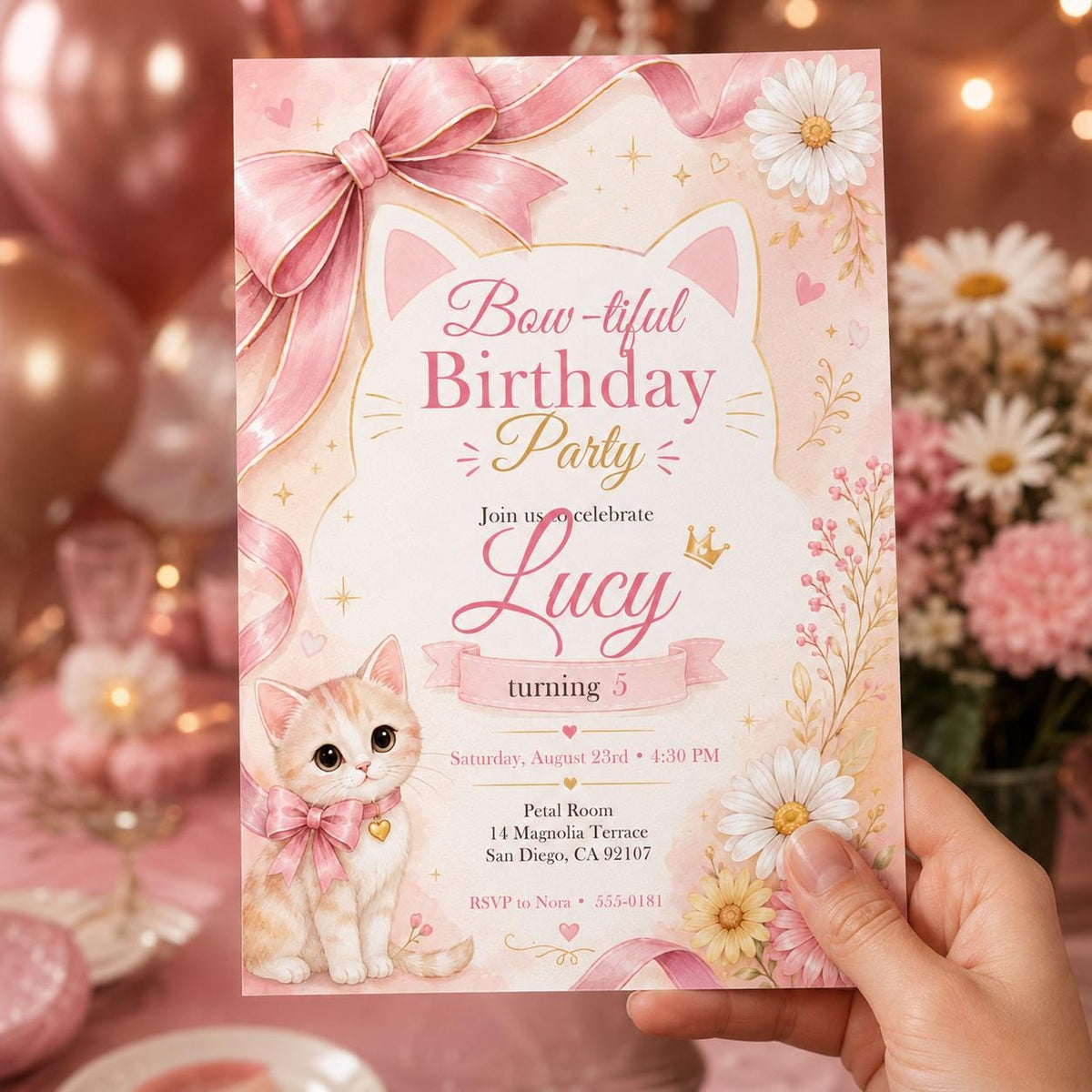 Pink Floral Cat 5th Birthday Invitation for Girls — coquette 5th birthday party design