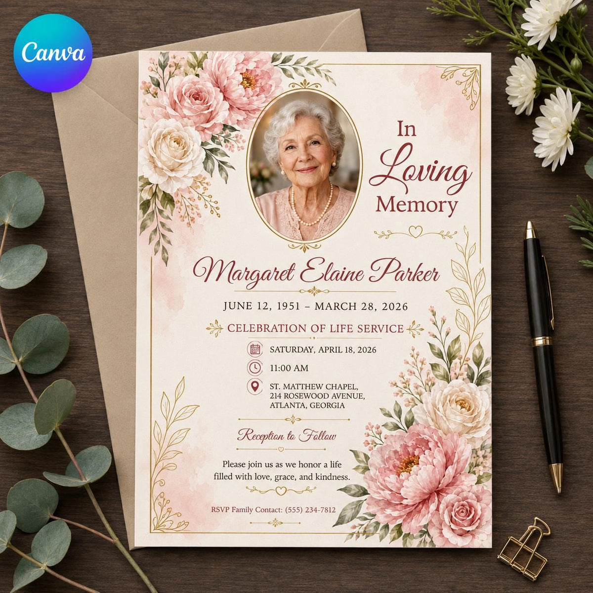 Pink Floral Celebration of Life Invitation — editable Canva template