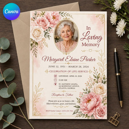 Pink Floral Celebration of Life Invitation — editable Canva template