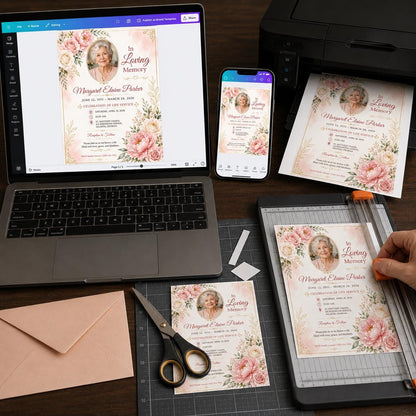 Pink Floral Celebration of Life Invitation — invitation you personalize in Canva