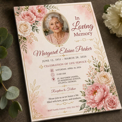 Pink Floral Celebration of Life Invitation — print-ready celebration of life design from VoltBy