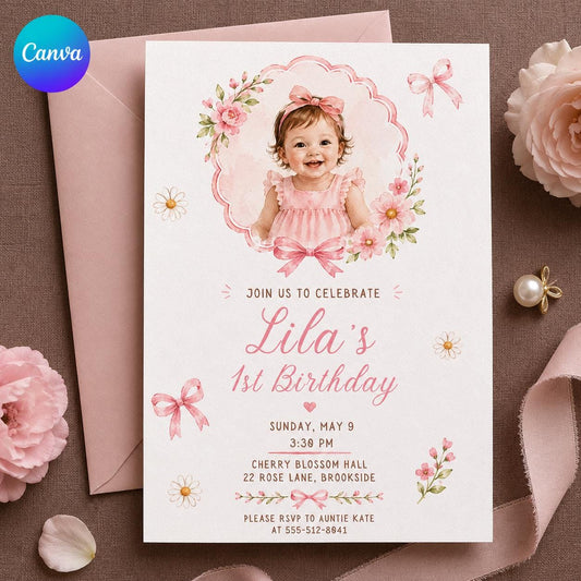 Pink Floral First Birthday Photo Invitation Girl — editable Canva template