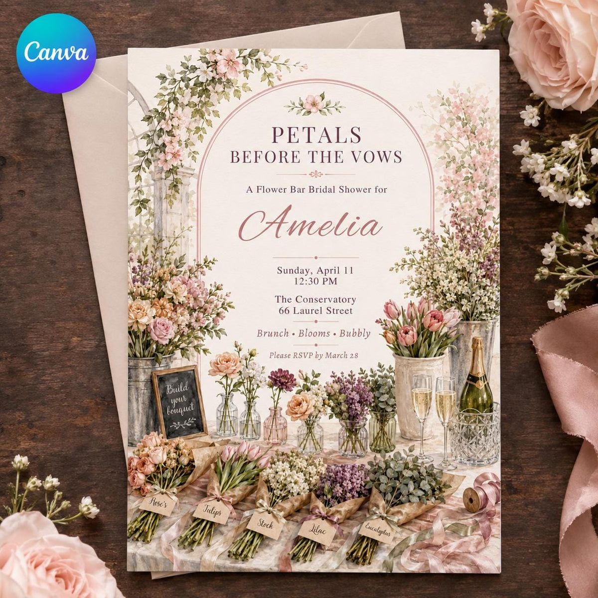 Pink Floral Flower Bar Bridal Shower Invitation — editable Canva template