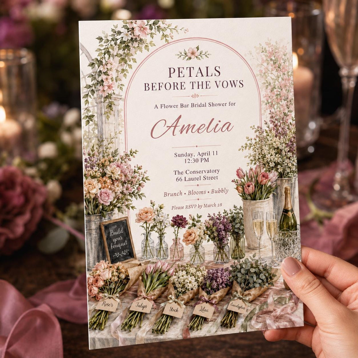 Pink Floral Flower Bar Bridal Shower Invitation — print-ready bridal shower design from VoltBy