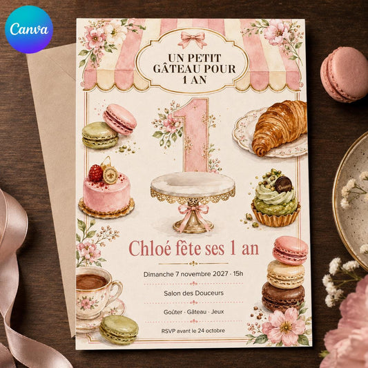 Pink Floral French First Birthday Invitation — editable Canva template