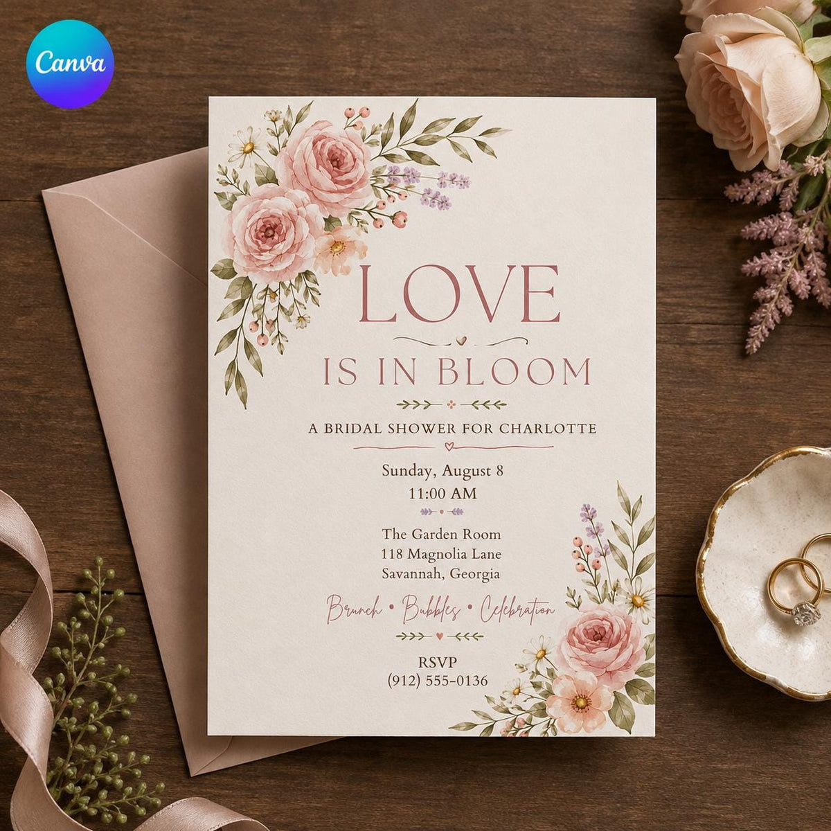 Pink Floral Love Is in Bloom Bridal Shower Invitation — editable Canva template