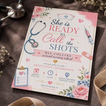 Pink Floral Nursing Graduation Invitation — invitation you personalize in Canva