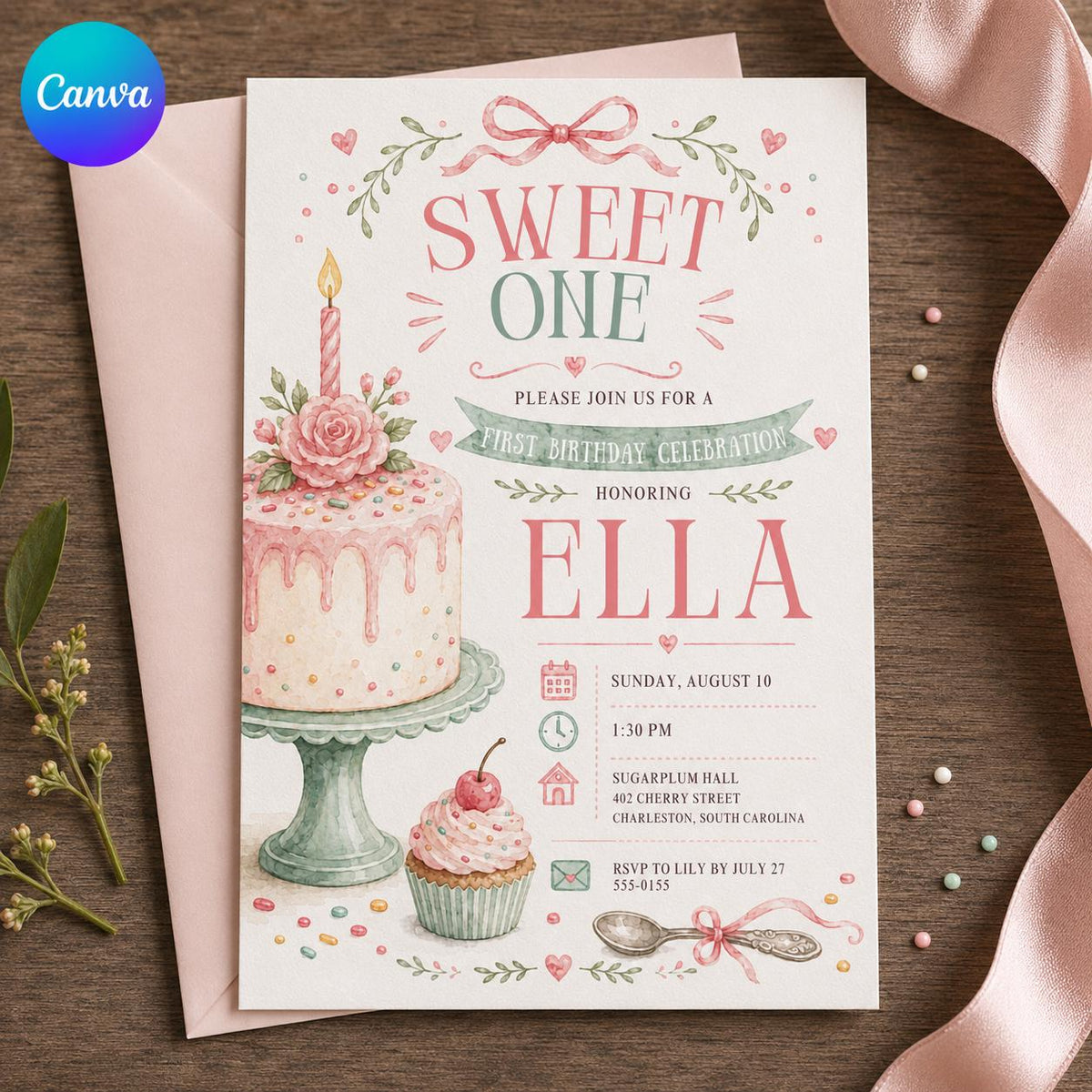 Pink Floral Sweet One First Birthday Invitation for Girls — editable Canva template