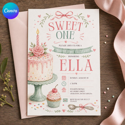 Pink Floral Sweet One First Birthday Invitation for Girls — editable Canva template
