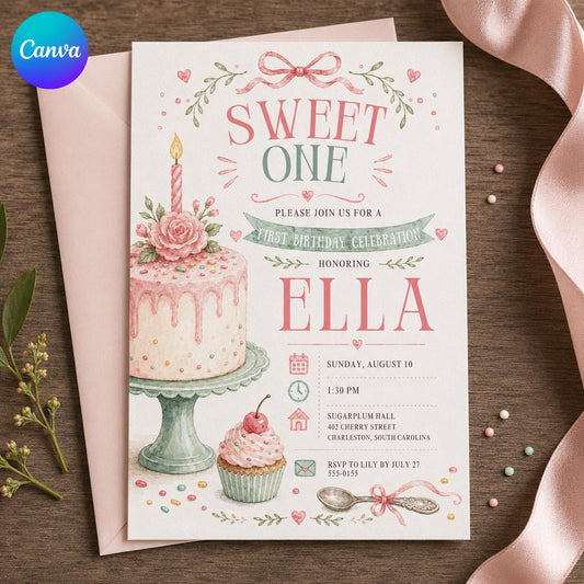 Pink Floral Sweet One First Birthday Invitation for Girls — editable Canva template