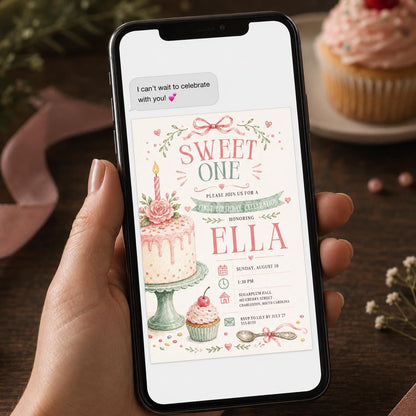 Pink Floral Sweet One First Birthday Invitation for Girls — cake design