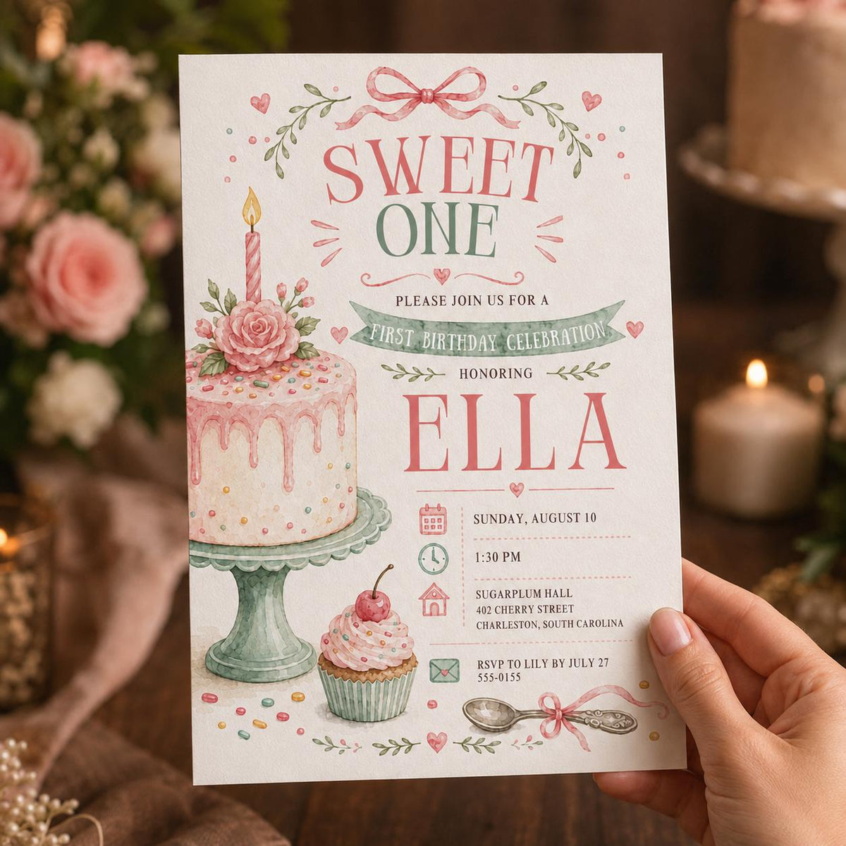 Pink Floral Sweet One First Birthday Invitation for Girls — invitation you personalize in Canva