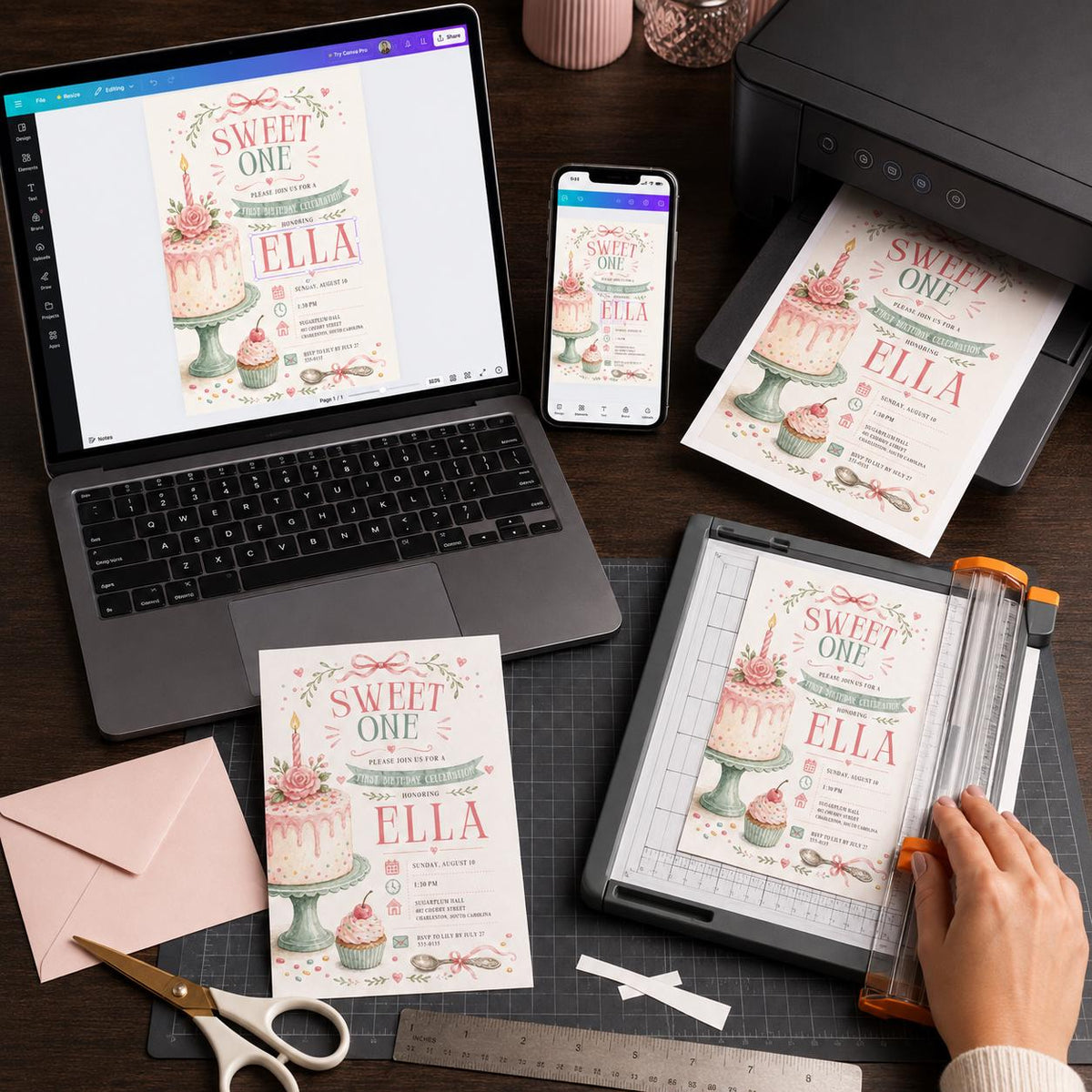 Pink Floral Sweet One First Birthday Invitation for Girls — print-ready first birthday design from VoltBy
