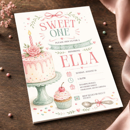 Pink Floral Sweet One First Birthday Invitation for Girls — digital invitation, instant download