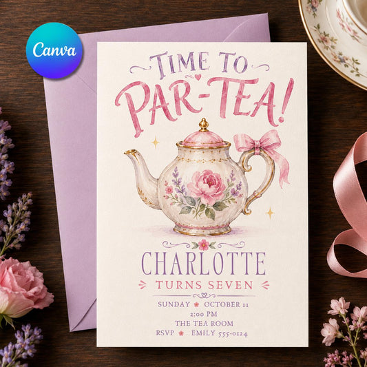 Pink Floral Tea Party 7th Birthday Invitation — editable Canva template