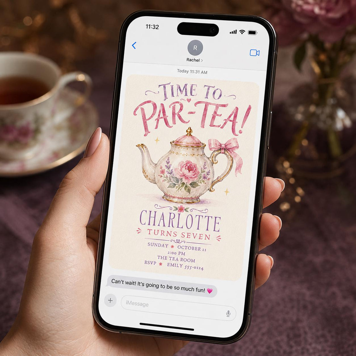 Pink Floral Tea Party 7th Birthday Invitation — invitation you personalize in Canva