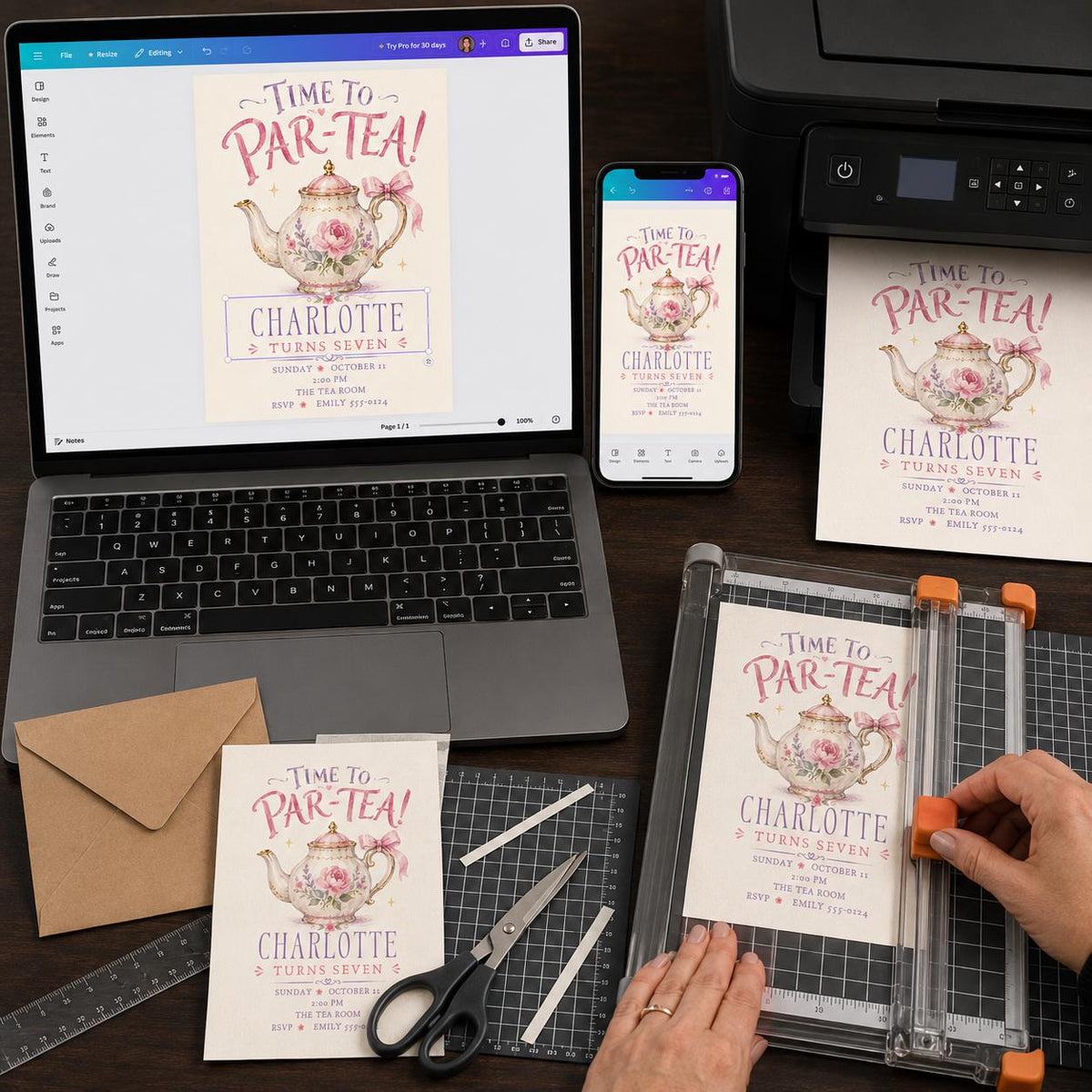 Pink Floral Tea Party 7th Birthday Invitation — digital invitation, instant download