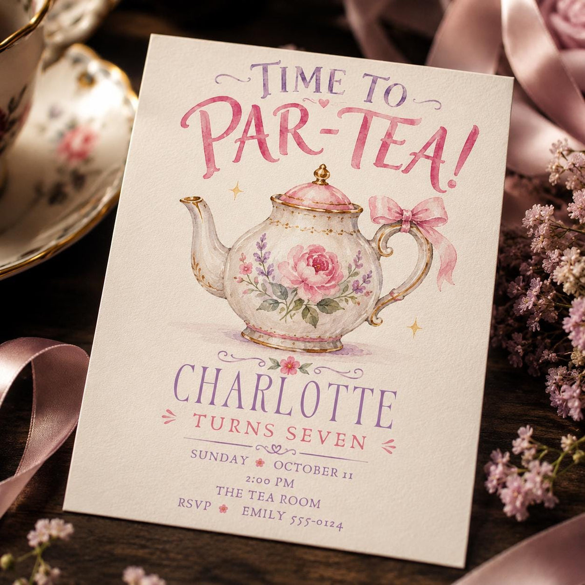 Pink Floral Tea Party 7th Birthday Invitation — 7th birthday party stationery by VoltBy
