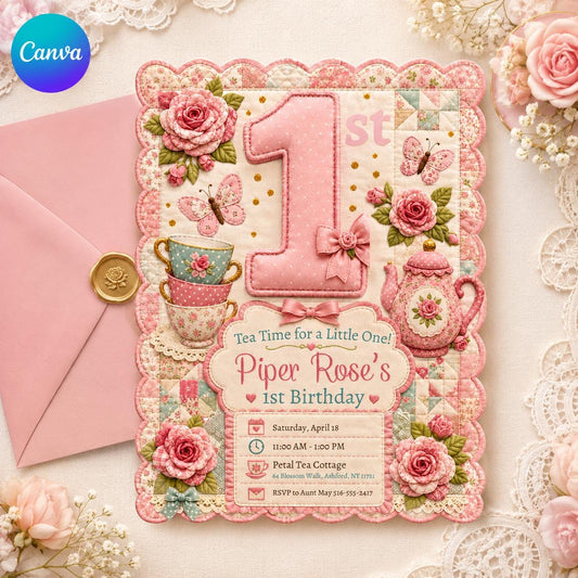 Pink Floral Tea Party First Birthday Invitation for Girls — editable Canva template