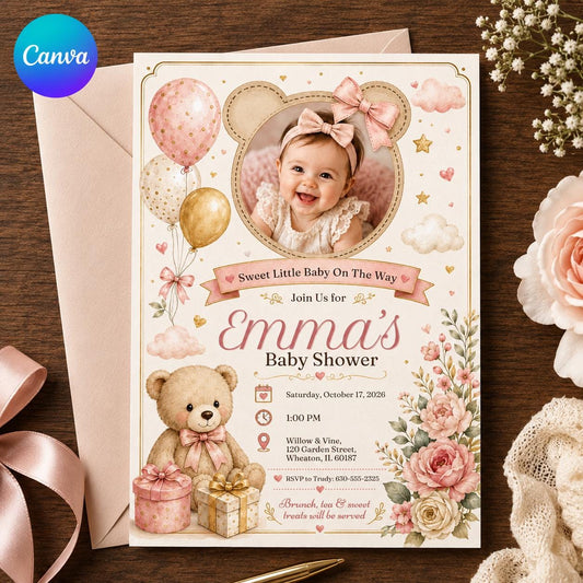 Pink Floral Teddy Bear Baby Shower Invitation for Girls — editable Canva template