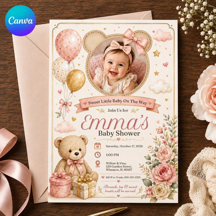 Pink Floral Teddy Bear Baby Shower Invitation for Girls