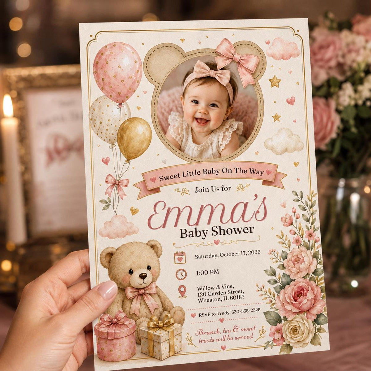 Pink Floral Teddy Bear Baby Shower Invitation for Girls — print-ready baby shower design from VoltBy