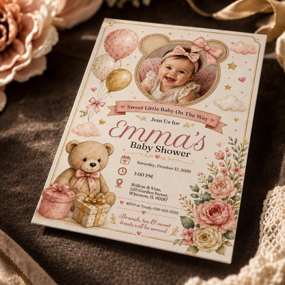 Pink Floral Teddy Bear Baby Shower Invitation for Girls — baby shower stationery by VoltBy