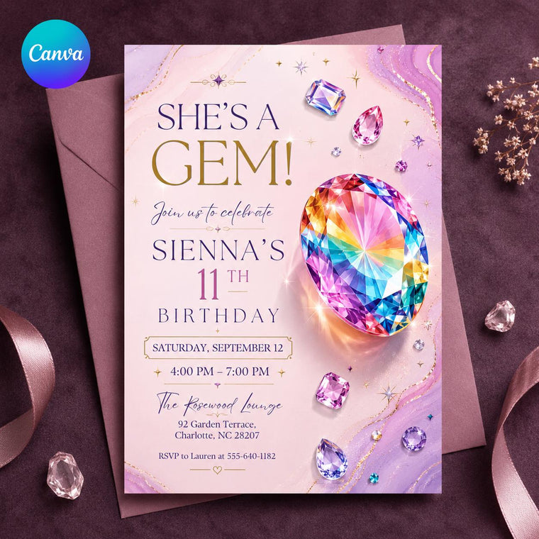 Pink Gem Birthday Invitation for 11th Birthday
