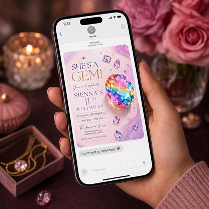 Pink Gem Birthday Invitation for 11th Birthday — invitation you personalize in Canva