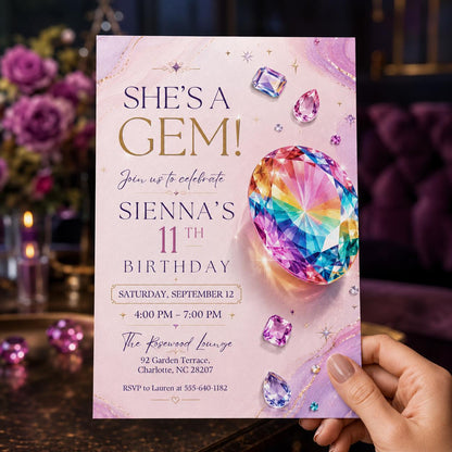Pink Gem Birthday Invitation for 11th Birthday — print-ready 11th birthday party design from VoltBy
