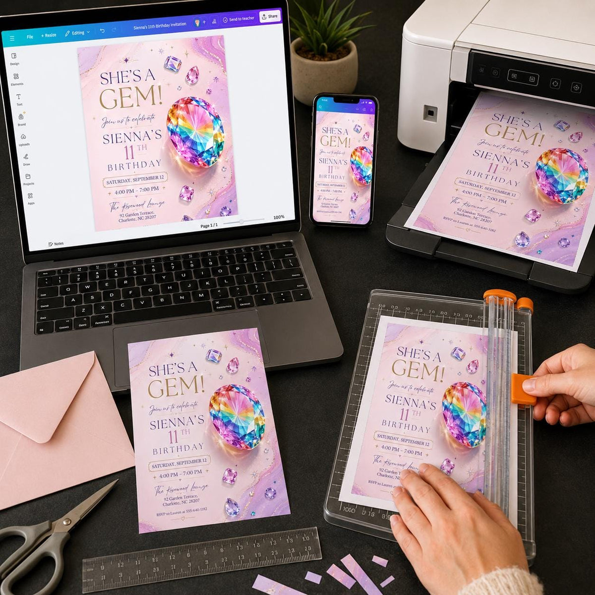 Pink Gem Birthday Invitation for 11th Birthday — digital invitation, instant download