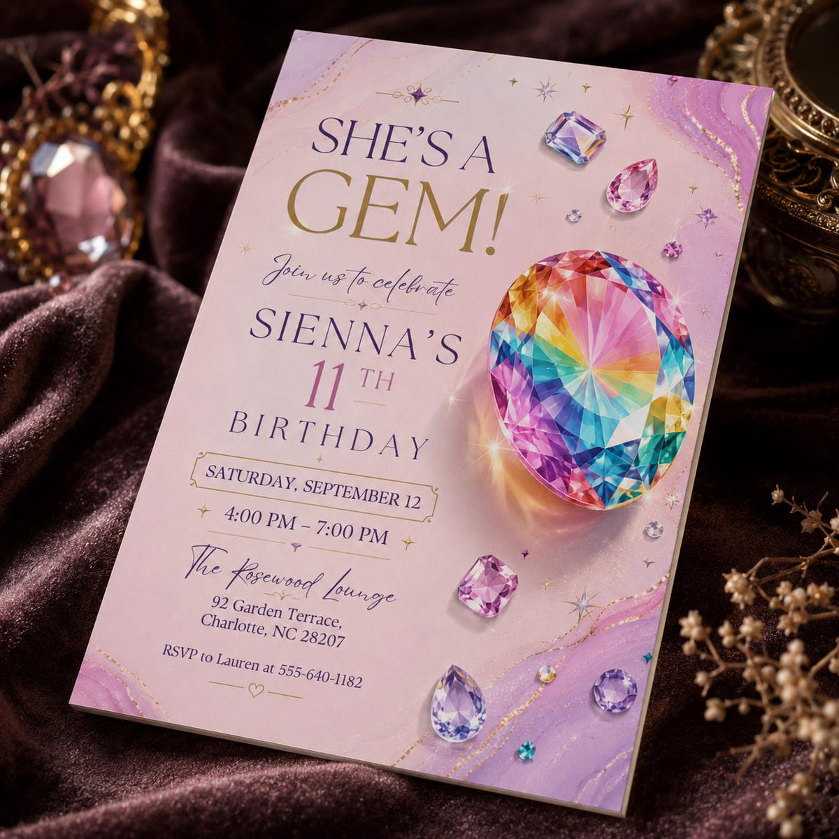 Pink Gem Birthday Invitation for 11th Birthday — 11th birthday party stationery by VoltBy