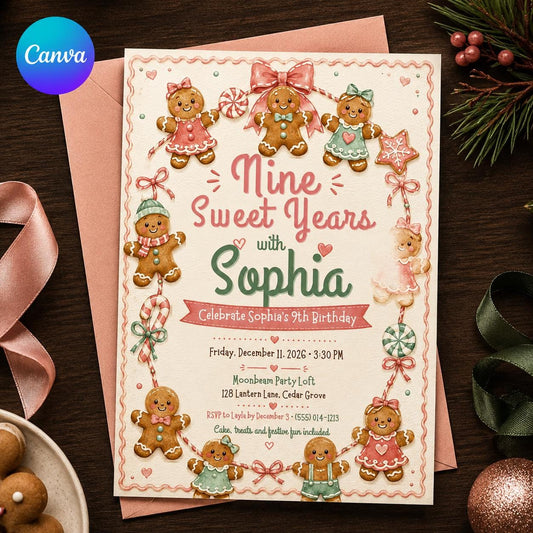 Pink Gingerbread Birthday Invitation for Girls — editable Canva template
