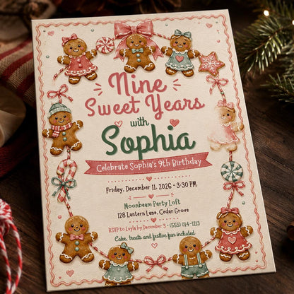 Pink Gingerbread Birthday Invitation for Girls — birthday party stationery by VoltBy