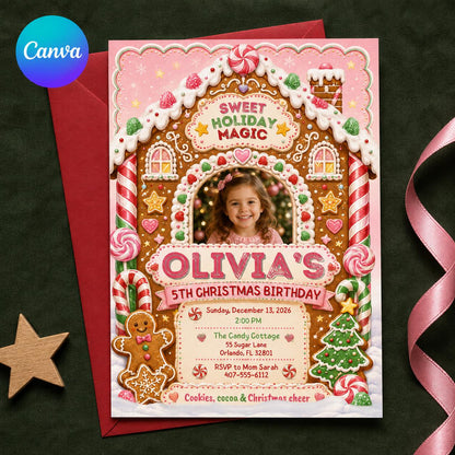 Pink Gingerbread Christmas 5th Birthday Invitation — editable Canva template