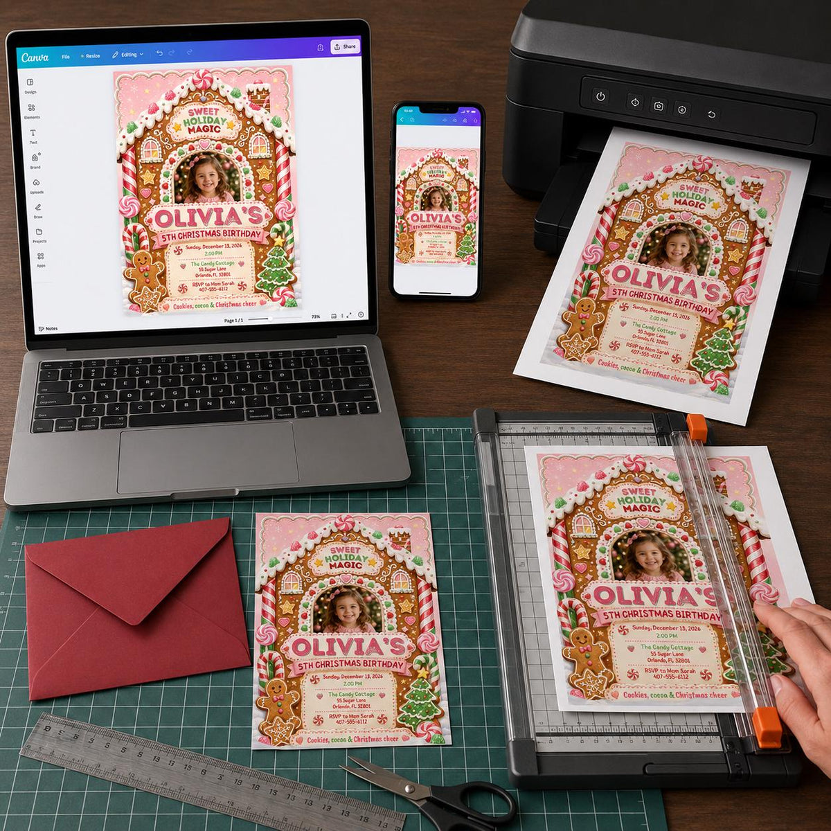 Pink Gingerbread Christmas 5th Birthday Invitation — print-ready 5th birthday party design from VoltBy