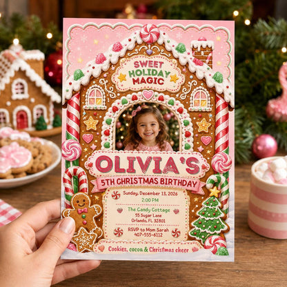 Pink Gingerbread Christmas 5th Birthday Invitation — digital invitation, instant download