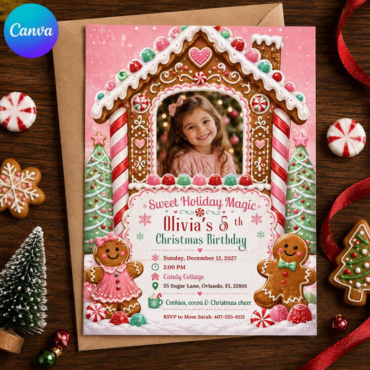 Pink 5th Birthday Invitation for Girls — editable Canva template