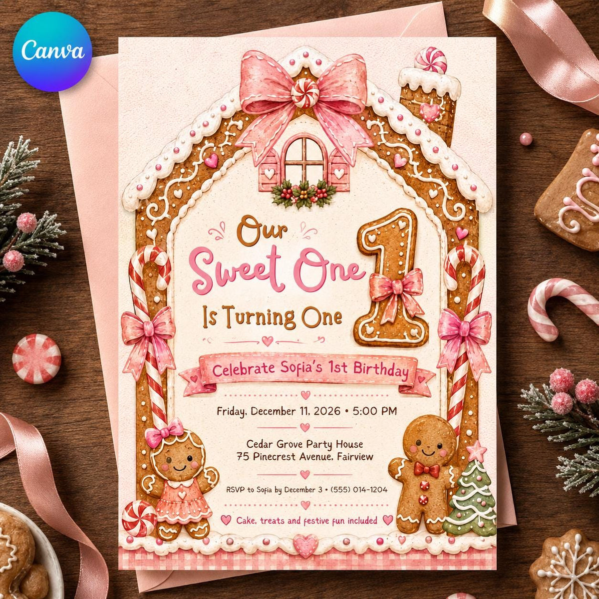 Pink Sweet One First Birthday Invitation for Girls — editable Canva template