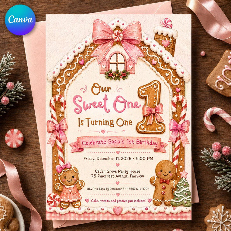 Pink Gingerbread Christmas Sweet One First Birthday Invitation for Girls