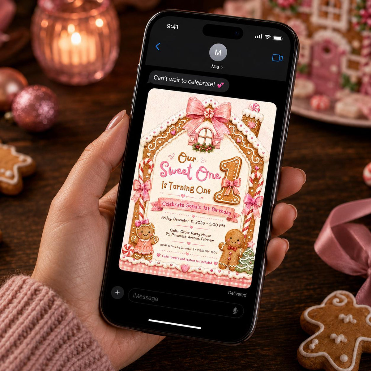 Pink Sweet One First Birthday Invitation for Girls — candy and candy cane design